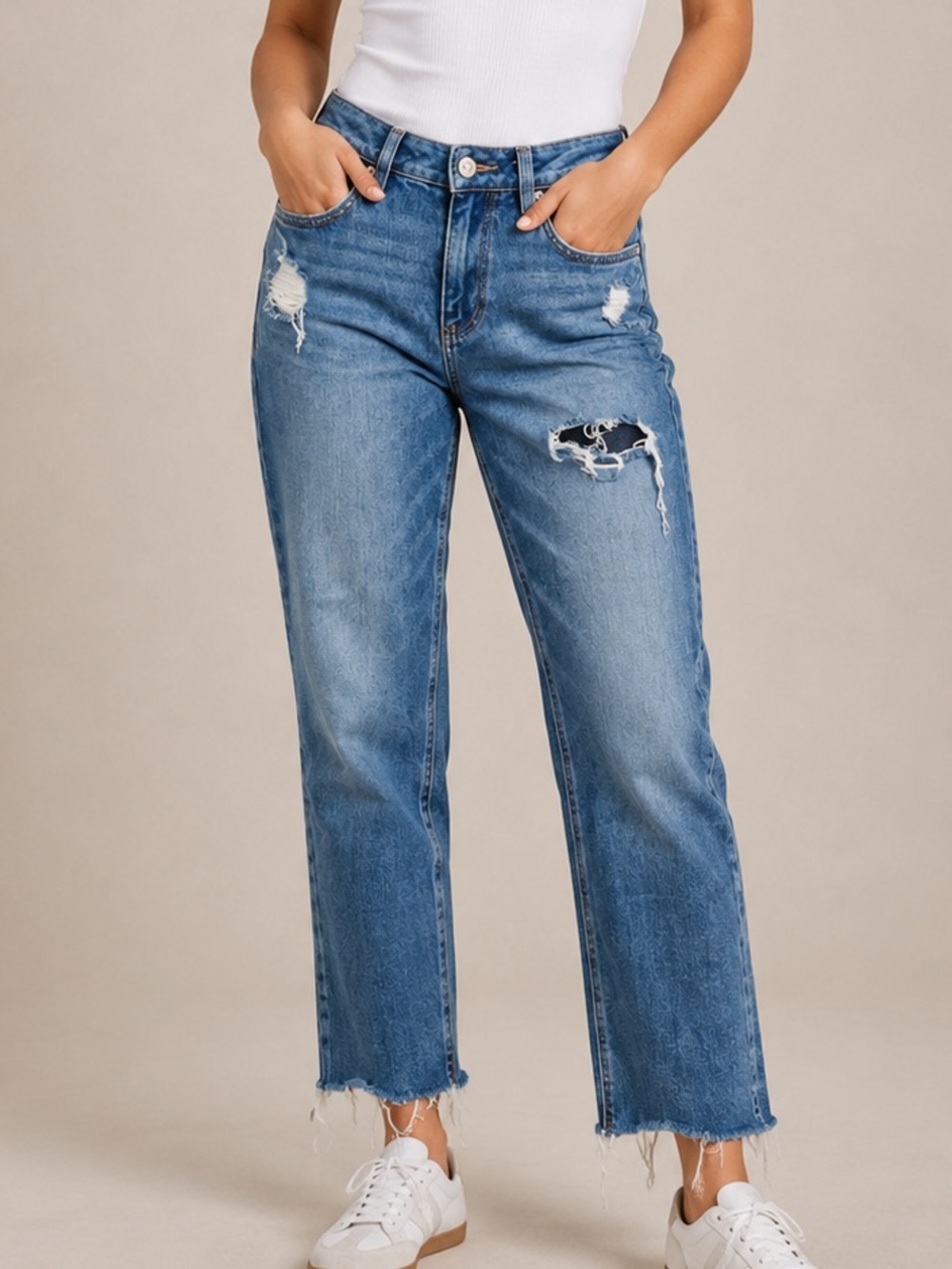 Garage Distressed Mid Rise Girlfriend Jeans Raw Hem Blue Size 00